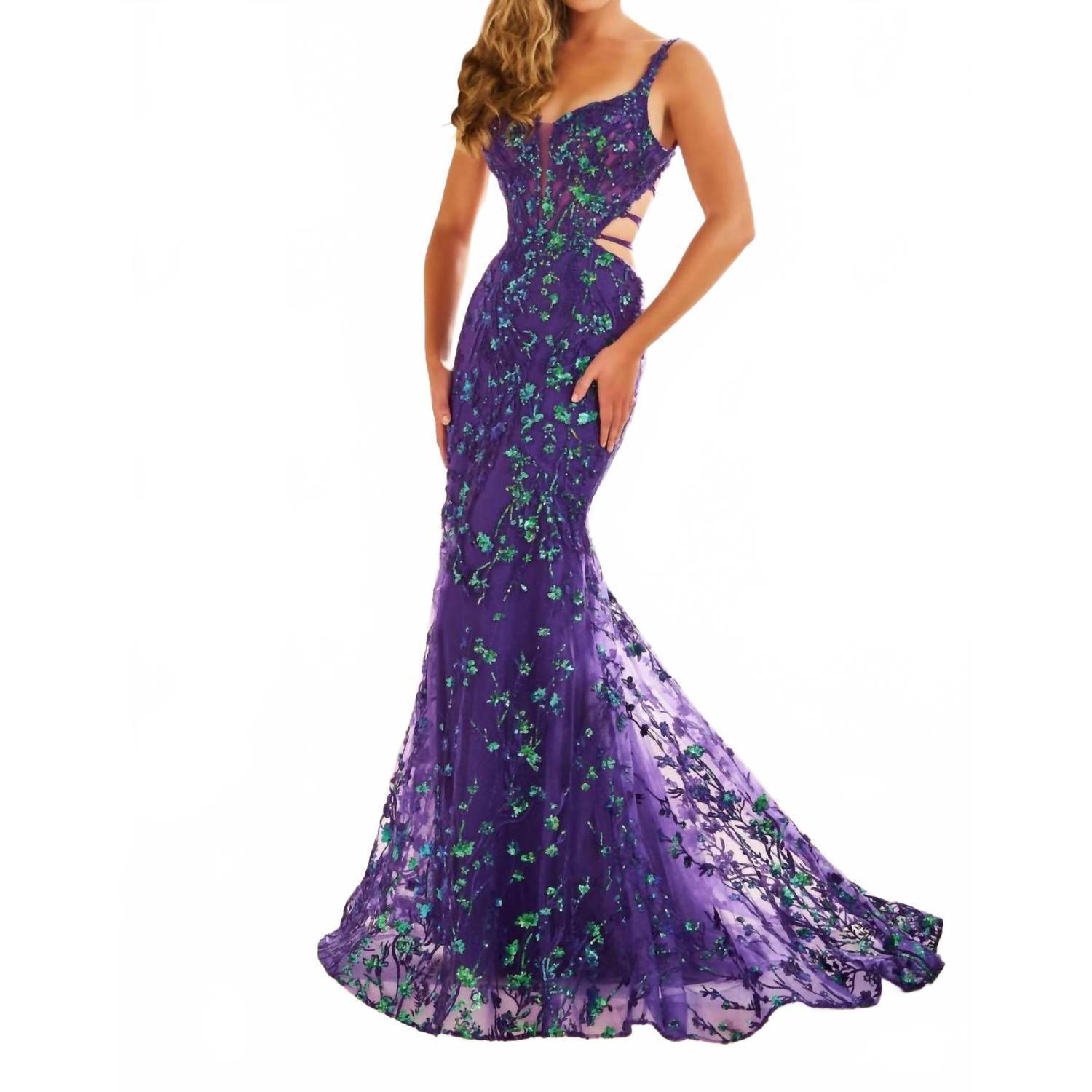 New Ellie Wilde Embroidered Tulle Sequin Mermaid Dress In Purple Magic